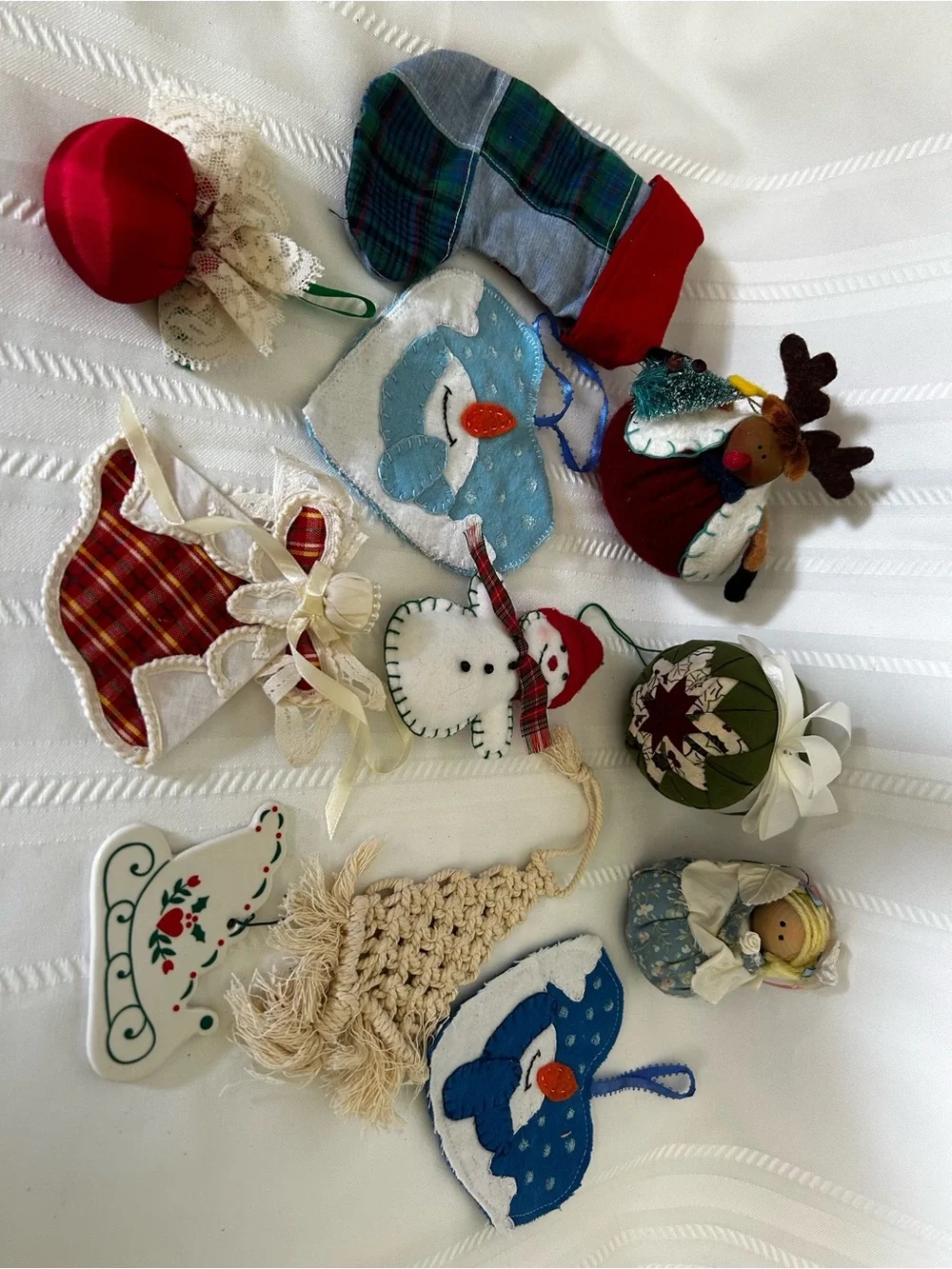 Vintage Christmas Tree Ornament Set Snowman Sleigh Reindeer Angel Stocking